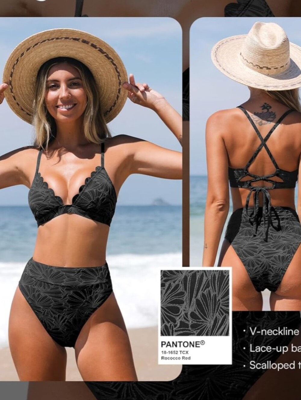 Cupshe Scalloped V-Neck High-Waist Bikini Set - Black. Size Medium